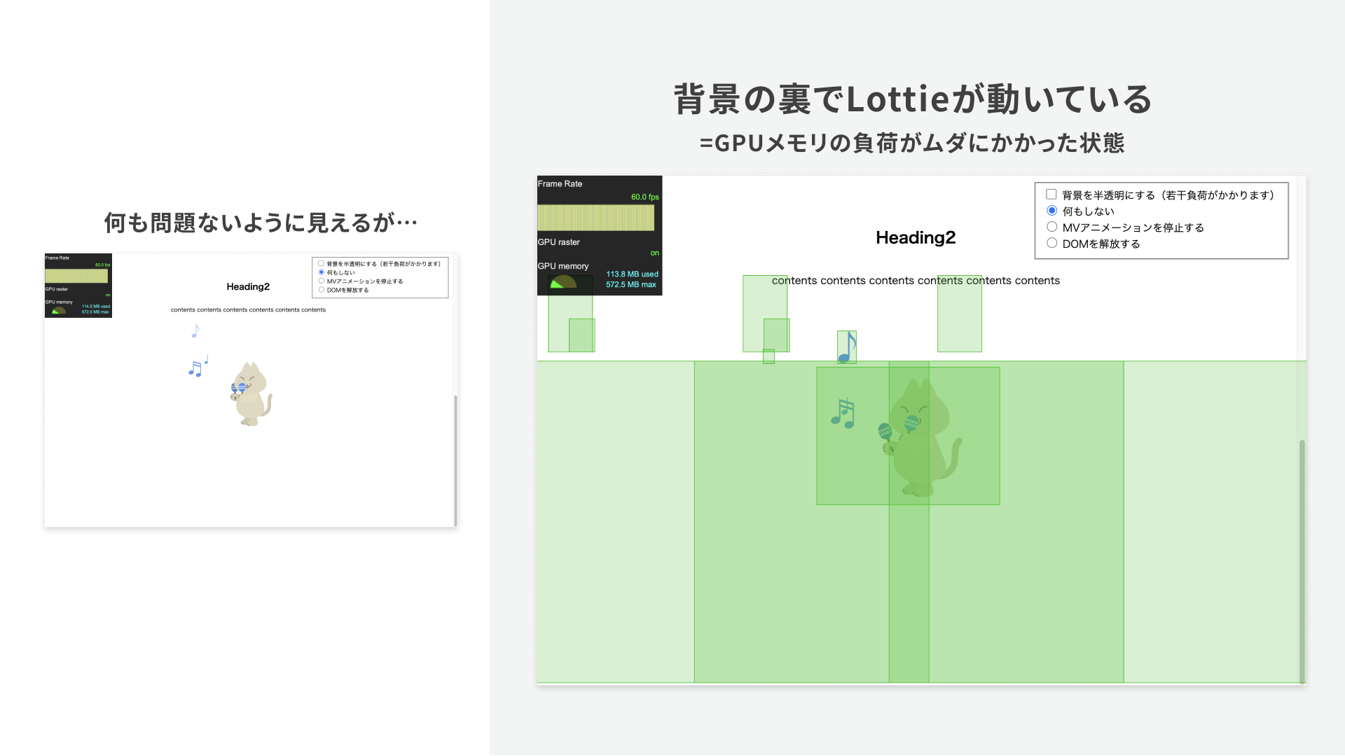 何もケアしないと描画負荷がかかっている