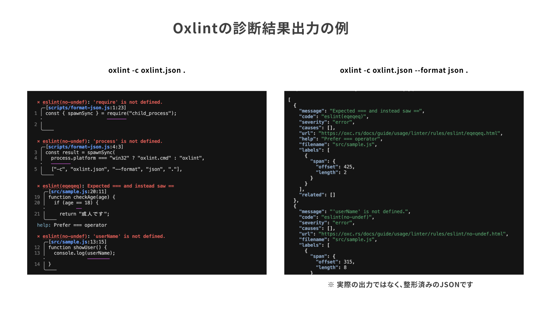 Oxlintの診断出力の例（コードスニペットと修正ヒントが表示される）
