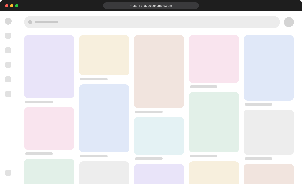 画像共有サイトを模したモック。高さの異なるカードが等幅の列に隙間なく積み上がった、メイソンリーレイアウトの例